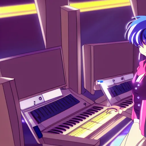 Prompt: An anime character working in their music studio. 90s anime, Sailor Moon, Neon Genesis, official art, flat cell shading, fantastic screenshot art, trending on artstation