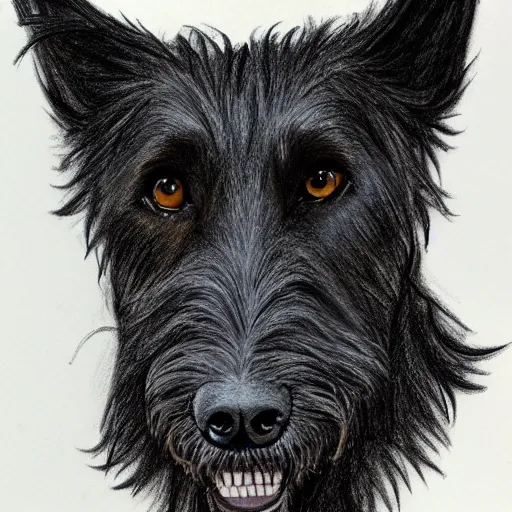 Image similar to highly detailed drawing of a black wolfhound, ferocious, ultra realistic