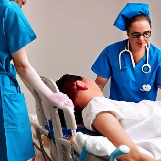 Image similar to nurse taking care of a patient who is a clown who is in restraints in a hospital bed