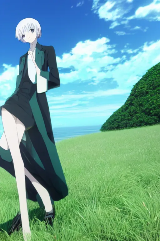 Prompt: 3D CG anime Land of the Lustrous Houseki no Kuni character Phos person with a very large chest size made of shiny light bluegreen gem rock standing in a grassy field on a sunny day wearing a white business shirt with black tie and black shorts, ocean shoreline can be seen on the horizon, beautiful composition, 3D render, 8k, key visual, god rays, made by Haruko Ichikawa, Makoto Shinkai, studio Ghibli