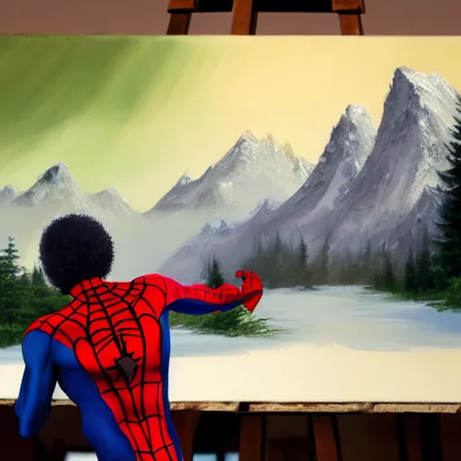 Image similar to a closeup photorealistic photograph of bob ross working on a canvas painting of spiderman. film still. brightly lit scene. mountains and trees. this 4 k hd image is trending on artstation, featured on behance, well - rendered, extra crisp, features intricate detail, epic composition and the style of unreal engine.