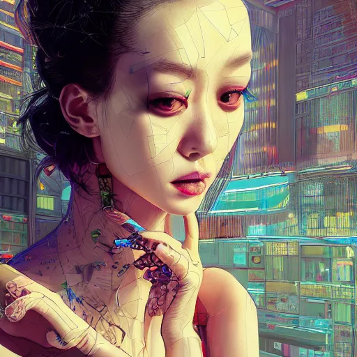 Image similar to the portrait of an absurdly beautiful, graceful, elegant, sophisticated, fashionable cyberpunk gravure idol, an ultrafine hyperdetailed illustration by kim jung gi, irakli nadar, hanna moon, leslie zhang intricate linework, bright colors, collage, porcelain skin, unreal engine 5 highly rendered, cgsociety, global illumination, radiant light, detailed and intricate environment