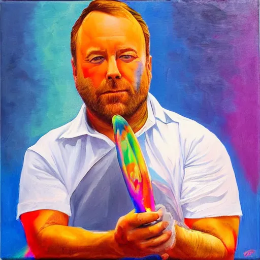 Prompt: alex jones holding a flog, rainbow colors, oil on canvas