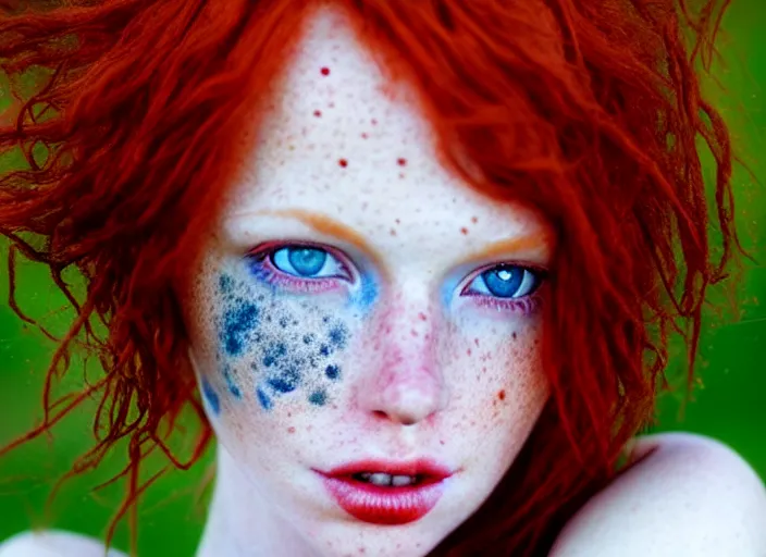 Image similar to award winning 8 5 mm close up face portrait photo of a redhead with deep red hair, freckles and blue eyes in a park by luis royo.