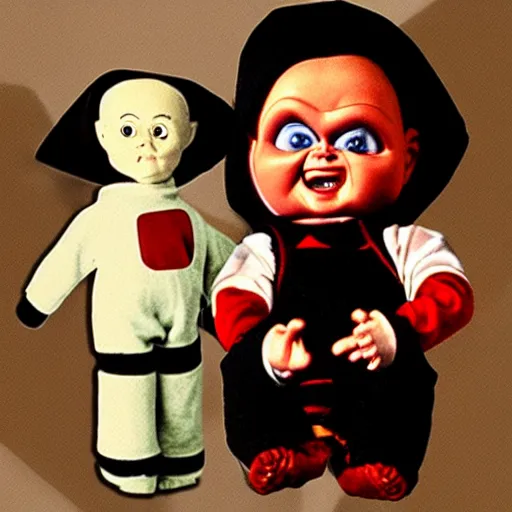 Prompt: a nun holding chucky the killer doll