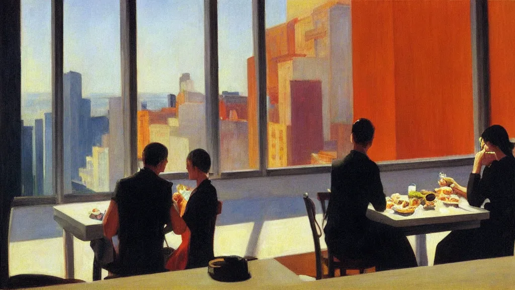 Image similar to 911 terrorist attacks as seen from the window of a luxury hotel while a couple eats breakfast, by Edward Hopper, high-resolution