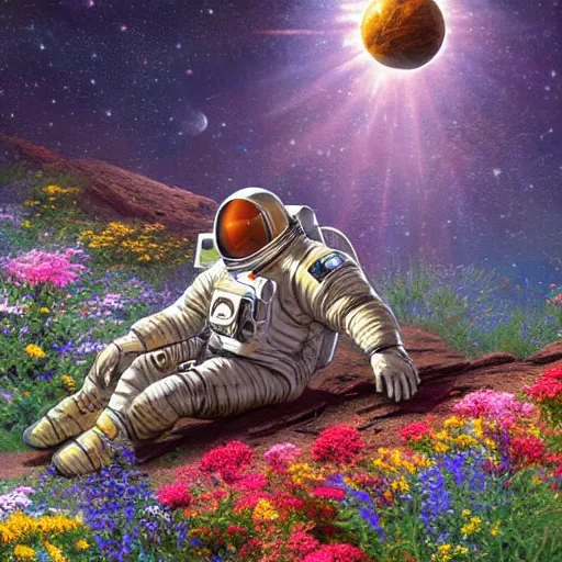 Prompt: an astronaut sitting on a rock on Mars surrounded by flowers, with the sky full of stars, digital art, trending on artstation, HDR, By Thomas Kinkade