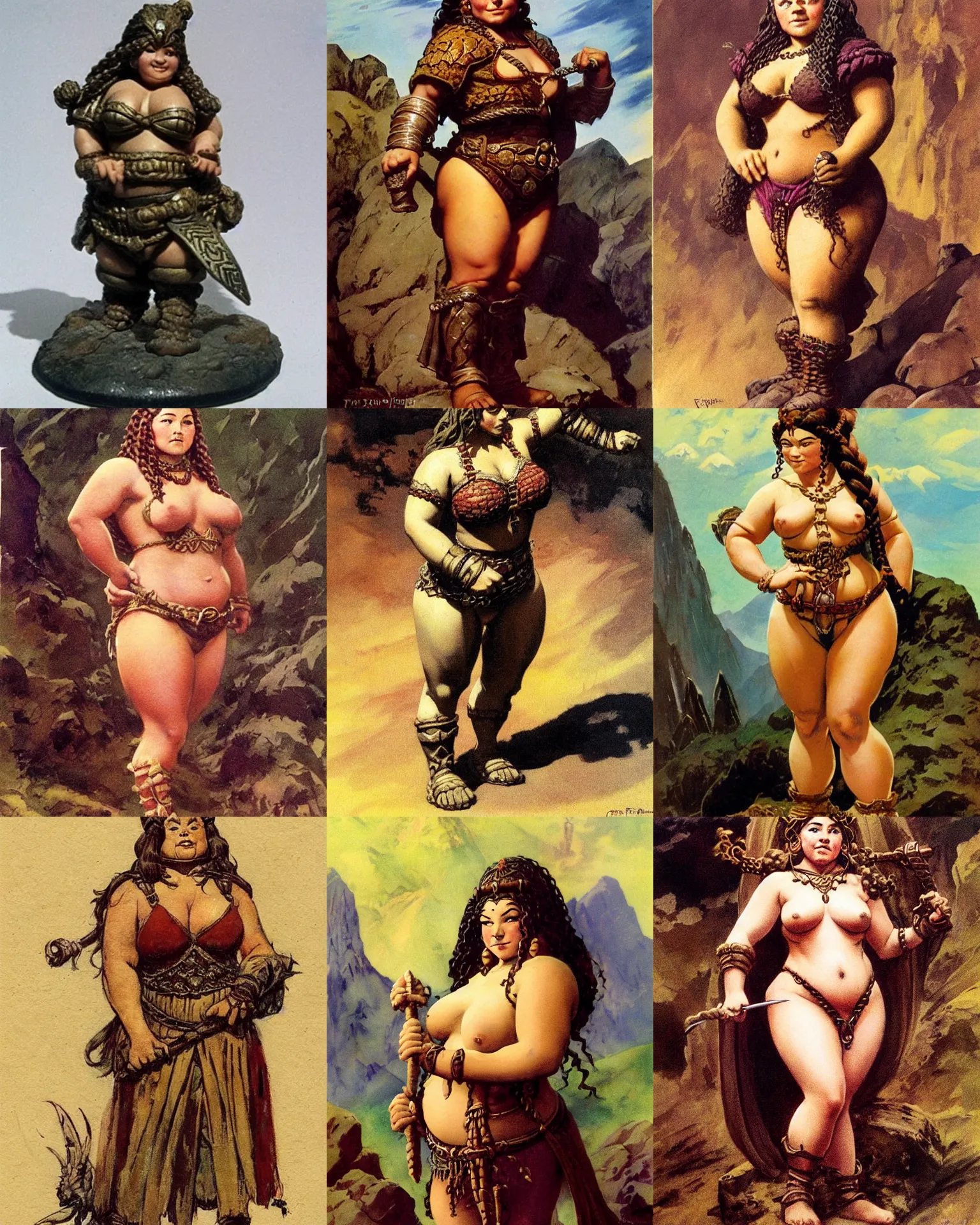 Prompt: female dwarven noblewoman, chubby short stature, braided intricate hair, by frank frazetta