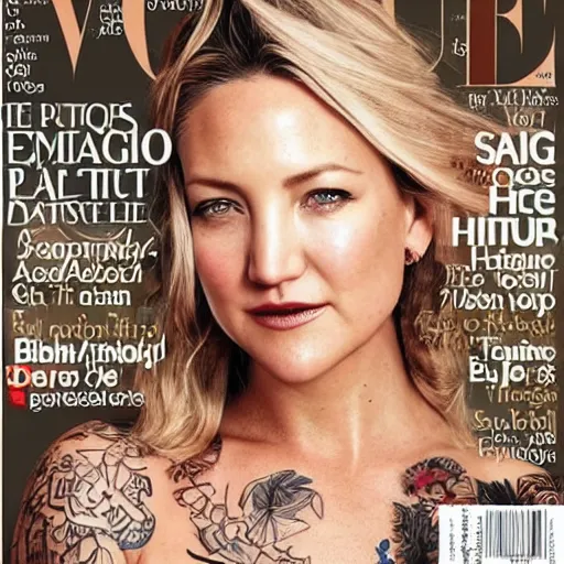 Image similar to of a photorealistic photograph of kate hudson covered in detailed tattoos in the style of a vogue magazine cover