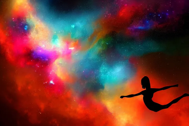 Image similar to silhouette of a girl laying horizontally suspended in air with long hair, she's exploding into incredible stars and nebula, dramatic abstract digital painting, trending on artstation