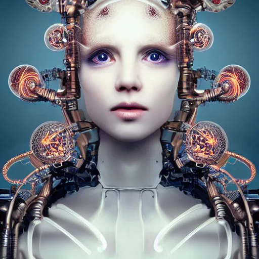Prompt: stunning hyperdetailed upclose symmetrical portrait of 4 0 year old caucasian cyborg girl with translucent porcelain skin, lush thick hair, big electric eyes, ultra detailed ornate neon wire lacing, ultra detailed steampunk cyborg implants, complex white nano mechanical flowers, micro detail, by satoshi kon, sharp focus, trending on artstation hq, deviantart, pinterest, 8 k