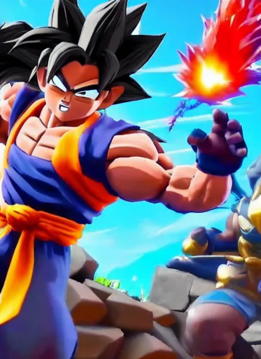 Image similar to game still of a sayan goku as a fortnite skin in fortnite by fortnite, pose.