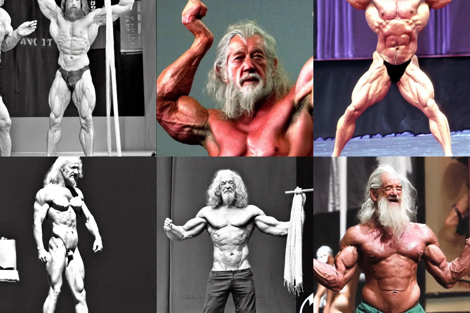 Prompt: gandalf shirtless competing at a body building contest