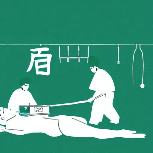 Prompt: chinese surgeons operating on a body on an operating table, in the style of daniel johnston, 8k, line brush, minimal, overlaid with chinese adverts