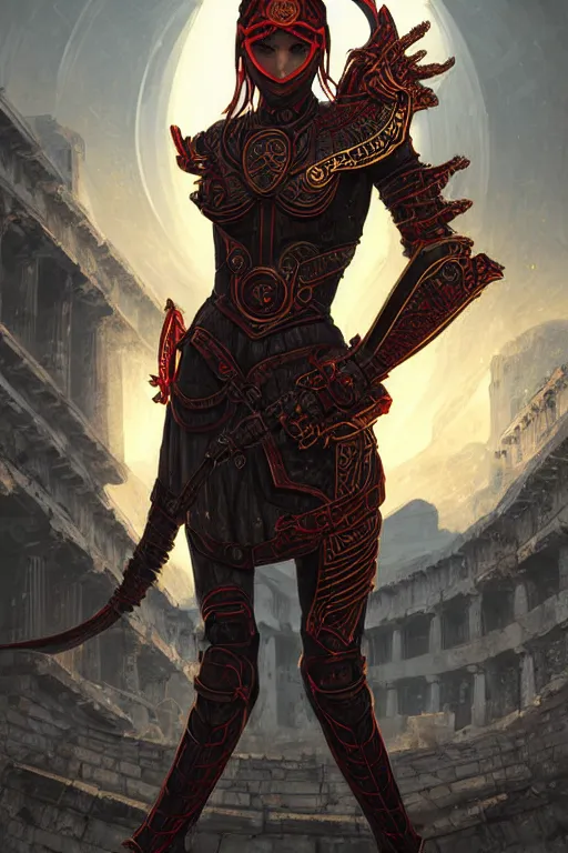 Prompt: portrait knights of Zodiac girl, metallic black and red color reflected armor, in ruin Agora of Athens sunrise, ssci-fi, fantasy, intricate, natural atmosphere, elegant, golden back light, highly detailed, digital painting, concept art, smooth, sharp focus, illustration, art by tian zi and greg rutkowski andWLOP and loish and N I X E U