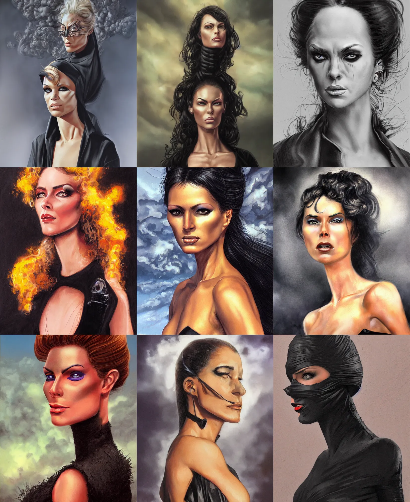 Prompt: highly detailed portrait photo faceshot of a powerful female character, wearing a black dress. her face is covered in a gas in a scenic urban environment. hyperrealistic fashion illustration by boris vallejo and julie bell.