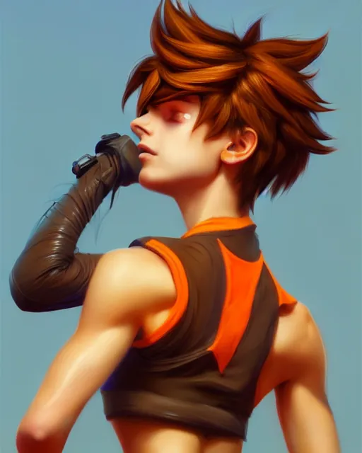 Prompt: tracer running wearing orange halter top, perfect face, brown hair, abs, cinematic, stunning, cute, adorable, strong, highly detailed, psychedelic, digital painting, artstation, smooth, hard focus, illustration, art by jessica rossier and and brian froud