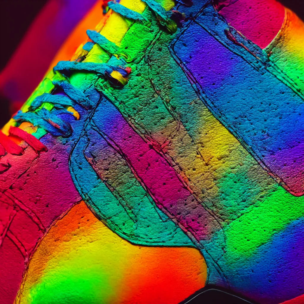 Image similar to photography of a realistic rainbow color air force sneaker, ultra detailed, 8 k, black background