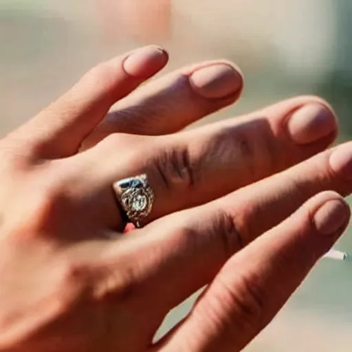 Image similar to normal man's hand with five fingers and a ring and a cigarette between the fingers