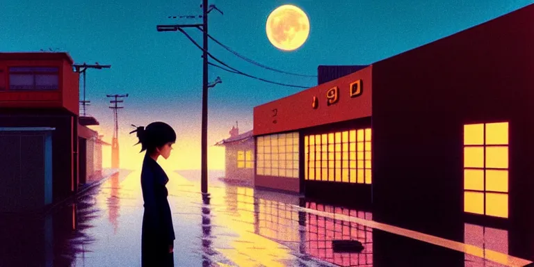 Image similar to an immaculate isometric cinematic keyframe matte painting of the silhouette of a young japanese girl standing in wide wet street 1 9 7 0 s vaporwave rust belt city at dusk with an oversized moon, just after the rain has cleared. by eric lafforgue, glennray tutor and edward hopper, greg rutkowski. trending on artstation.