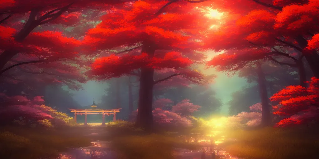 Image similar to beautiful anime painting of a magical forest, torii, shrine, nighttime, by makoto shinkai, koto no ha no niwa, artstation, atmospheric.