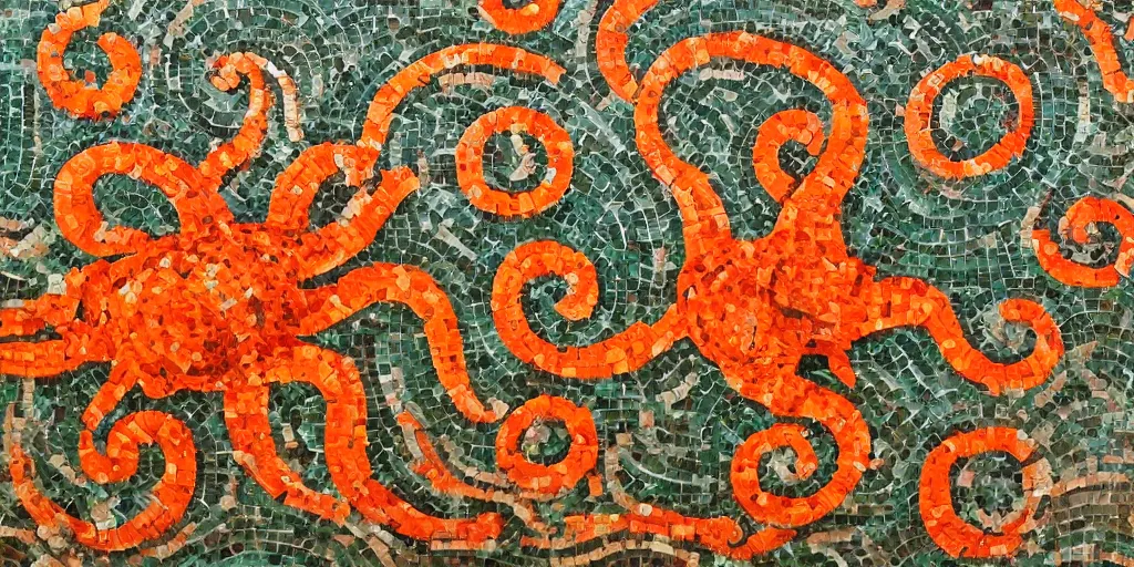 Image similar to roman mosaics of a orange kraken sinking a ship