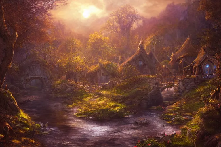 Image similar to fantasy painting, dungeons and dragons, celtic sylvan rivendell medieval village hovels with a stream in a forested valley, sunset with ominous shadows, a bunny by jessica rossier and brian froud cinematic painting