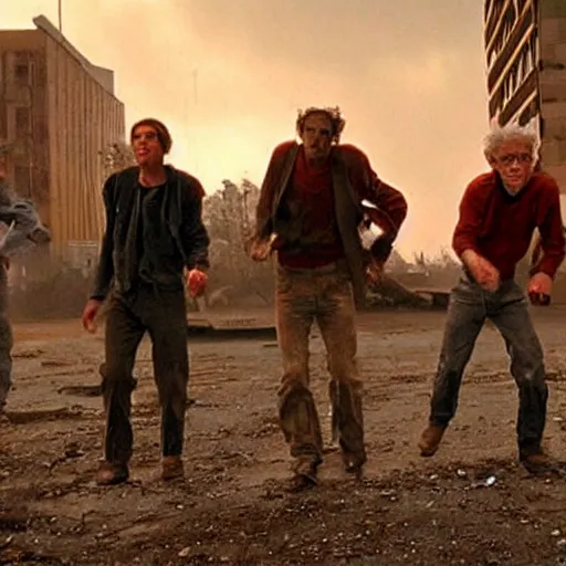 Image similar to four men dancing furiously in a postapocalyptic wasteland, amazing movie still, Spielberg, Cronenberg, Wes Craven, Takashi Miike