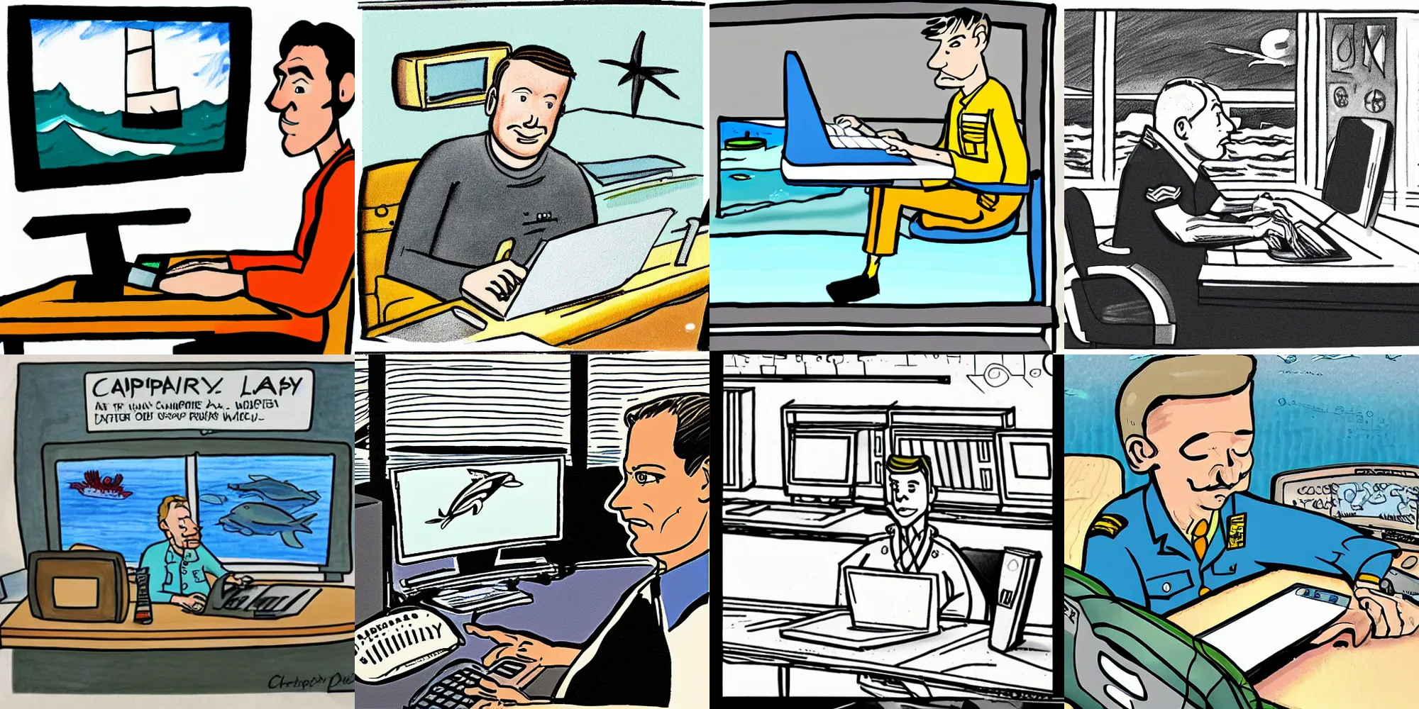 Prompt: captain murphy sitting at a computer in sea lab, original cartoon style, drawn by christian danley