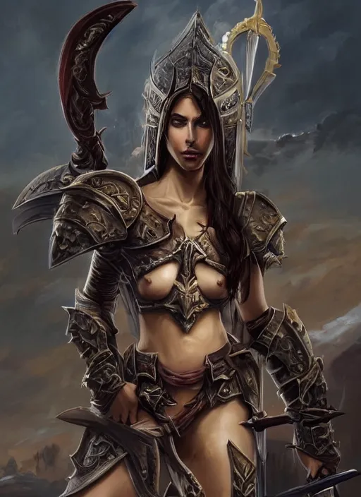 Image similar to a professionally painting of an attractive young girl, partially clothed in battle armor, olive skin, long dark hair, beautiful bone structure, perfectly proportioned, nubile body, symmetrical facial features, intricate, elegant, heroic pose, digital painting, concept art, smooth, sharp focus, finely detailed, beautifully framed, from the game Diablo, in the style of Artgerm and Greg Rutkowski and William-Adolphe Bouguerea