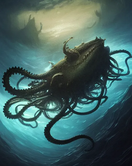 Image similar to A matted painting of a sea monster with many tentacles, on an underwater environment with expansive views of space, dark and moody, inspired by greg rutkowski and Keith Mallett, digital art, extremely moody lighting, glowing light and shadow, atmospheric, shadowy, cinematic