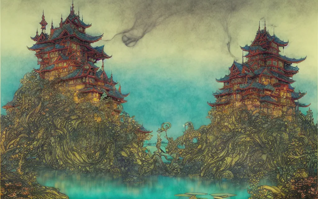 Prompt: a castle by the lake, brian froud, yoshitaka amano, kim keever, victo ngai, james jean. bright colors. shin - hanga