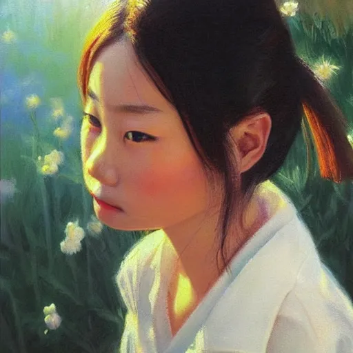 Prompt: detailed portrait of japanese girl, spring light, painting by alex horley
