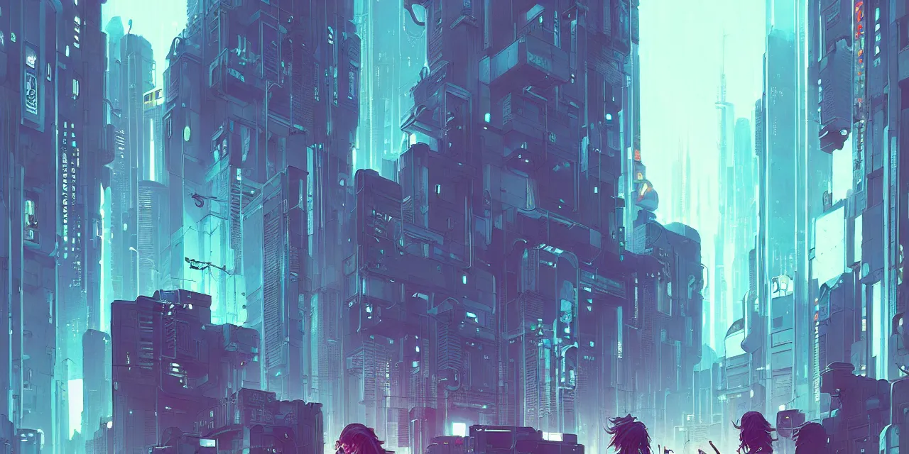 Prompt: cyberpunk synth, hyper - realistic detailed cyberpunk cityscape, by atey ghailan, by greg rutkowski, by greg tocchini, by james gilleard, by joe fenton, by kaethe butcher, dynamic lighting, gradient light blue, brown, blonde cream and white color scheme, grunge aesthetic