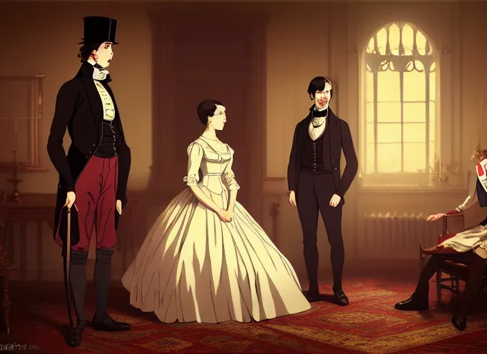 Prompt: victorian britain 1 8 3 6, wealthy couple william and fanny nightingale entertain guests in english victorian manor, adolecent florence nightingale reciting poetry, lamp light, finely detailed perfect art, gapmoe yandere grimdark, trending on pixiv fanbox, painted by greg rutkowski makoto shinkai takashi takeuchi studio ghibli