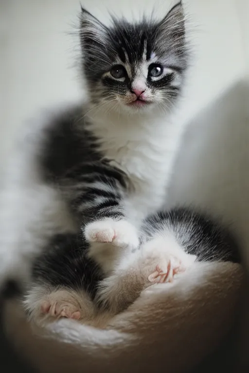 Image similar to “ fluffy kitten lying on cat tree, cotton, dim lighting, extremely high quality, leica m - a, lux 3 5 fle, portra 8 0 0 ”