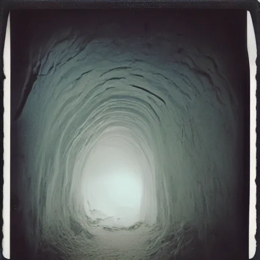 Prompt: a massive glacier cave opening, dark, creepy, eerie, unsettling, terrifying, old polaroid, expired film,