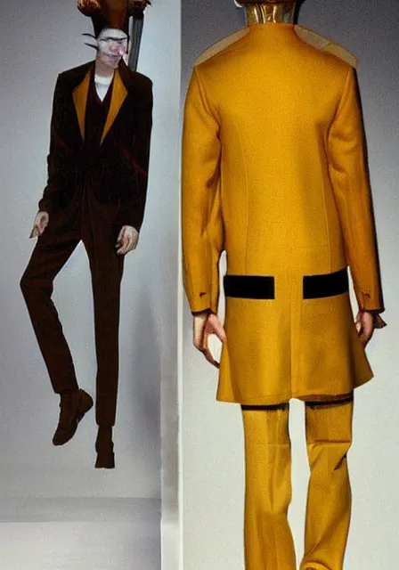 Image similar to a photo of an ancient male model wearing a plain designer menswear jacket inspired by salvador dali designed by alexander mcqueen