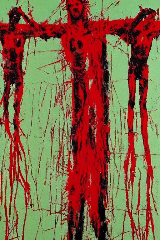 Image similar to bloody jesus christ crucified painted by cy twombly, basquiat and andy warhol