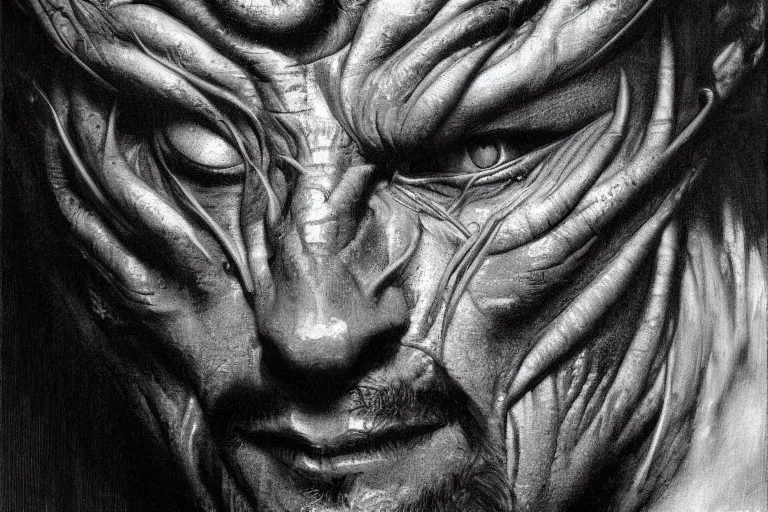 Prompt: painted closeup portrait of lizard man, masculine, fierce, charming, majestic, fantasy, intricate, elegant, extremely detailed digital painting, concept art, sharp focus illustration art by alphonse mucha by chuck close, charcoal on canvas