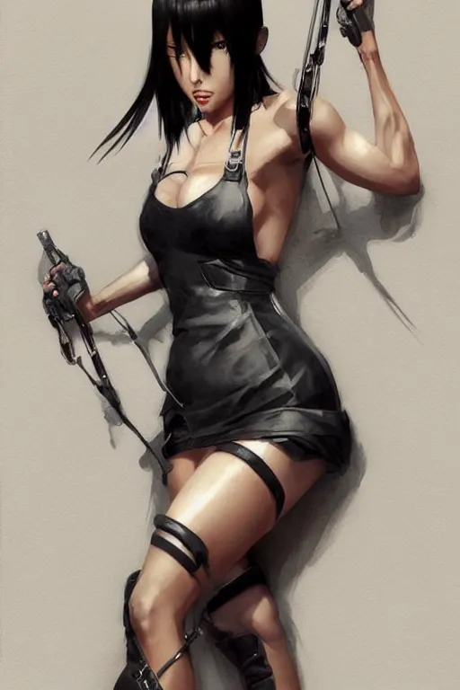 Image similar to tifa lockhart, strappy dress, wolford tights, stilettos, art by artgerm and greg rutkowski, portrait, highly detailed, digital painting, trending on artstation, concept art, sharp focus, illustration