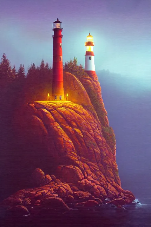 Image similar to a lighthouse on a rock in a redwood solar punk vision ; oil on canvas by klaus burgle and simon stalenhag ; ultra - realistic 3 d depth shading