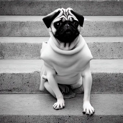 Image similar to portrait of a pug as a rick owens model, darkwear, techwear, goth pug, photo