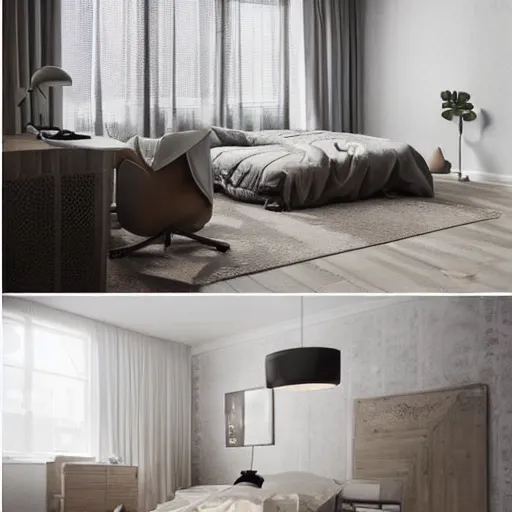 Prompt: spacious room design ideas, trending on Pinterest, volumetric light, octane render, global illumination