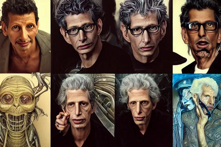 Image similar to hyper realistic portrait of wider faced jeff goldblum, silver haired, the fly, the thing, body horror, cronenberg, by hr giger, by lee bermejo, alphonse mucha and greg rutkowski