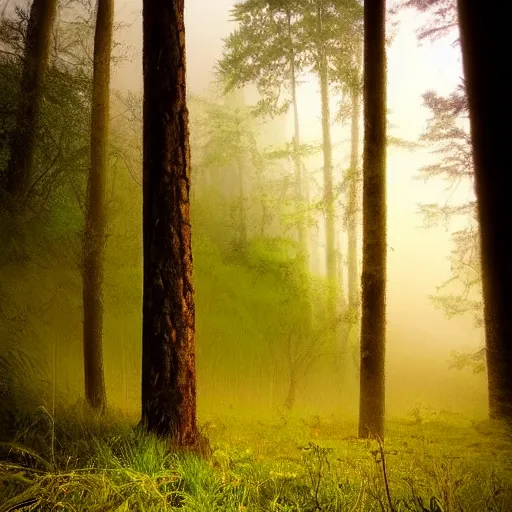 Image similar to dreamlike visage of a vending machine alone in a forest knoll, mystical, unusual, serene, foggy, dawn lighting, dew, mountain forest, hyperdetailed