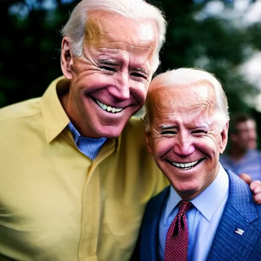 Image similar to A portrait photo of joe biden teams up with a teenage joe biden, perfect faces, 50 mm, award winning photography