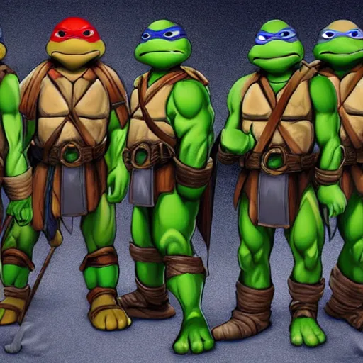 Prompt: Teenage Mutant Ninja Turtles Dressed in Viking armor Digital art very detailed 4K quality Super Realistic