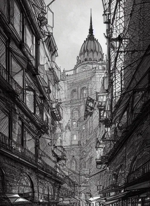 Prompt: Budapest , Dynamic lighting, cinematic, extremely high detail, photo realistic, cinematic lighting, pen and ink, intricate line drawings, post processed, concept art, artstation, matte painting, style by Paru Itagaki