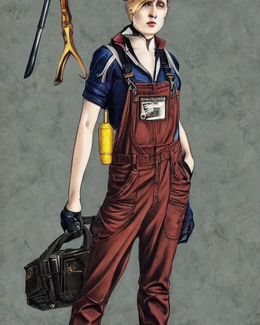Prompt: a full body portrait beautiful androgynous punk girl with short hair and beautiful eyes, beautiful face, who is a mechanic wearing overalls carrying a tool bag, digital concept art, detailed digital painting, ornate decorative background, very aesthetic!!!!!!, by j. c. leyendecker and edward blair leighton and charlie bowater, trending on artstation